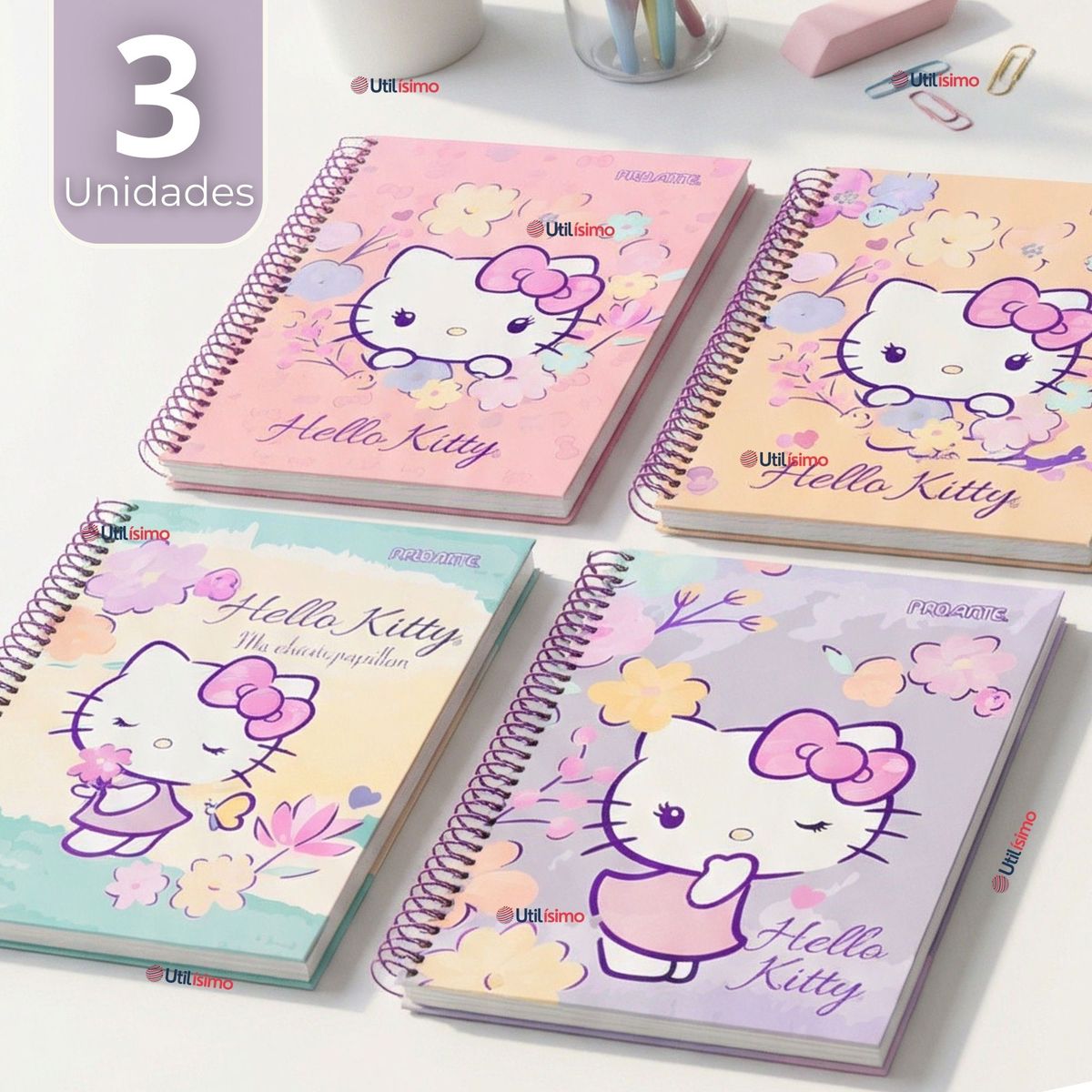 PROARTE - Pack 3 Cuadernos Universitario Hello Kitty 150 Hojas Tapa Gruesa Proarte Diseños Surtidos