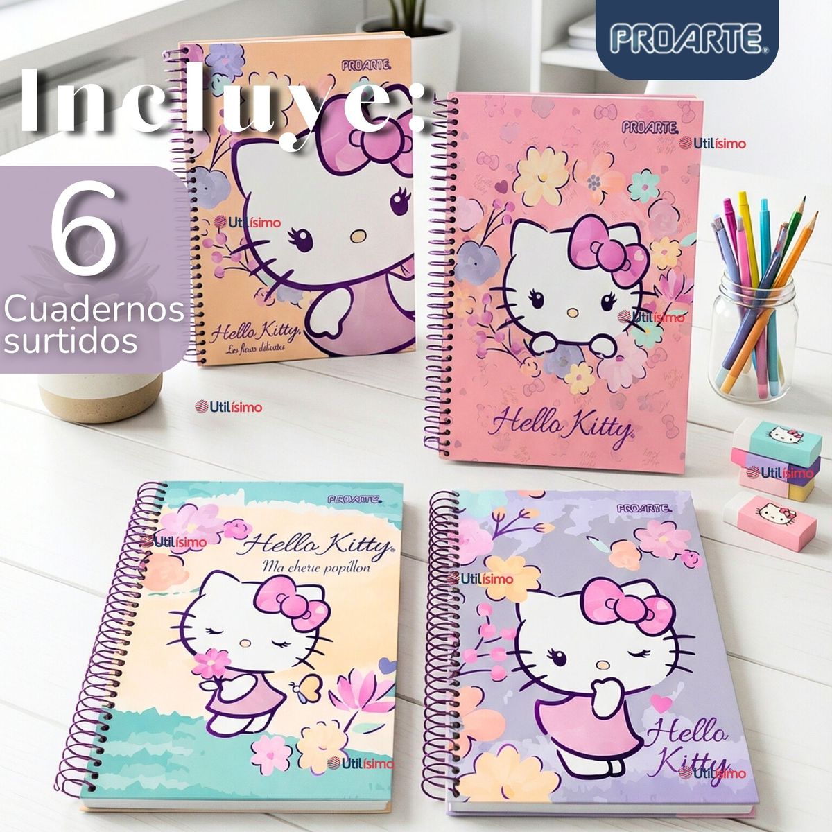 PROARTE - Pack 6 Cuadernos Universitario Hello Kitty 150 Hojas Tapa Gruesa Proarte Diseños Surtidos
