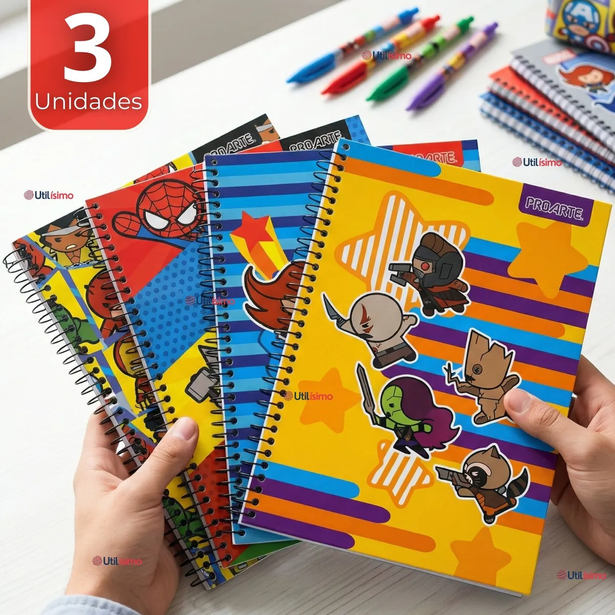 PROARTE - Pack 3 Cuadernos Universitario Marvel Heroes Kawaii 150 Hojas Tapa Gruesa Proarte Diseños Surtidos