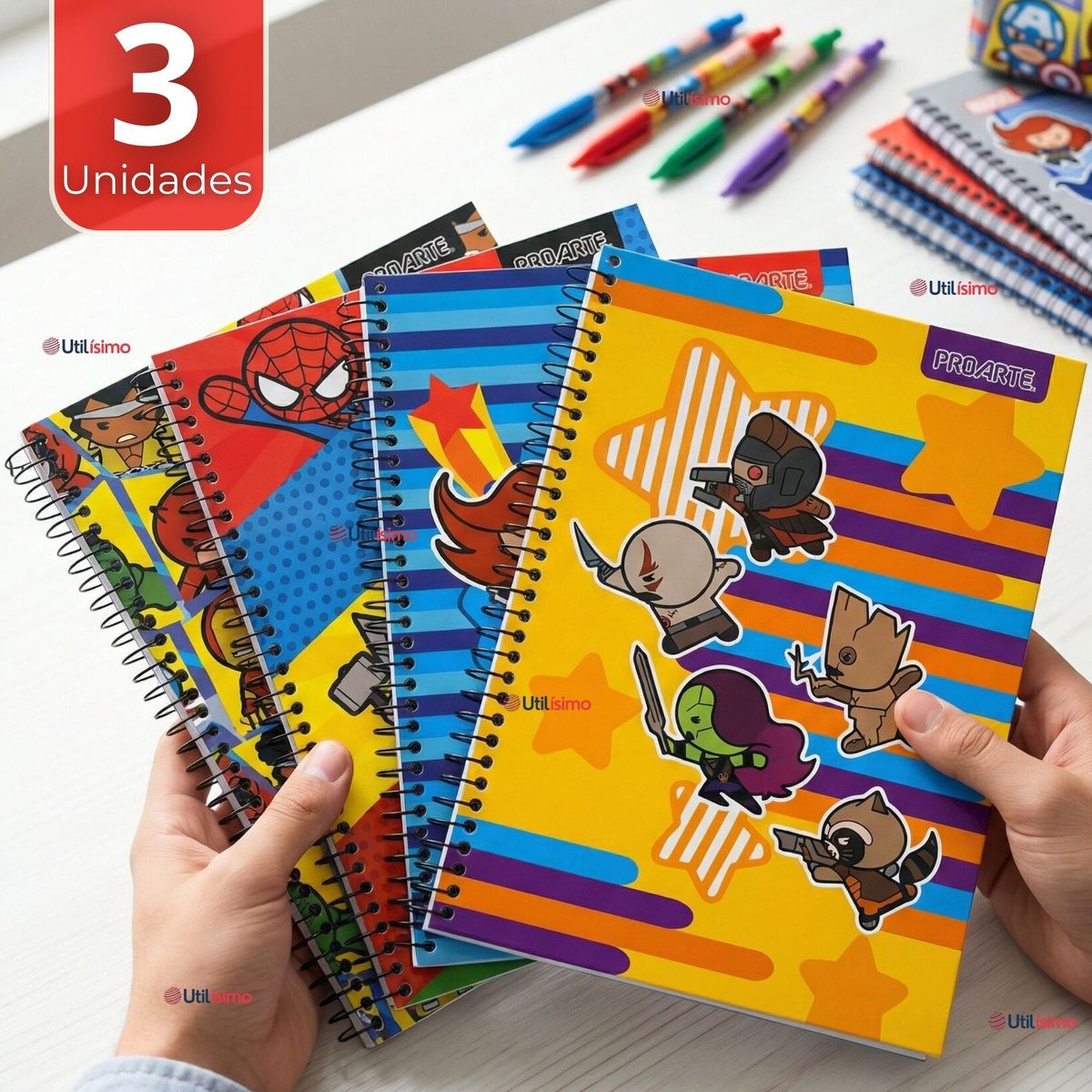 PROARTE - Pack 3 Cuadernos Universitario Marvel Heroes Kawaii 150 Hojas Tapa Gruesa Proarte Diseños Surtidos