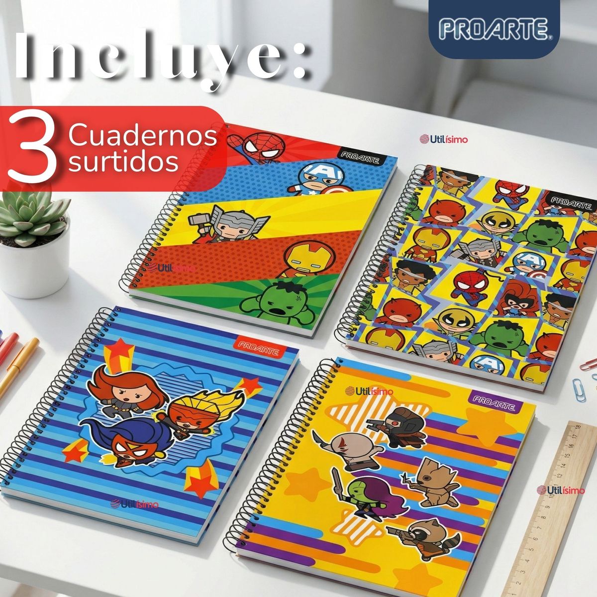 PROARTE - Pack 3 Cuadernos Universitario Marvel Heroes Kawaii 150 Hojas Tapa Gruesa Proarte Diseños Surtidos