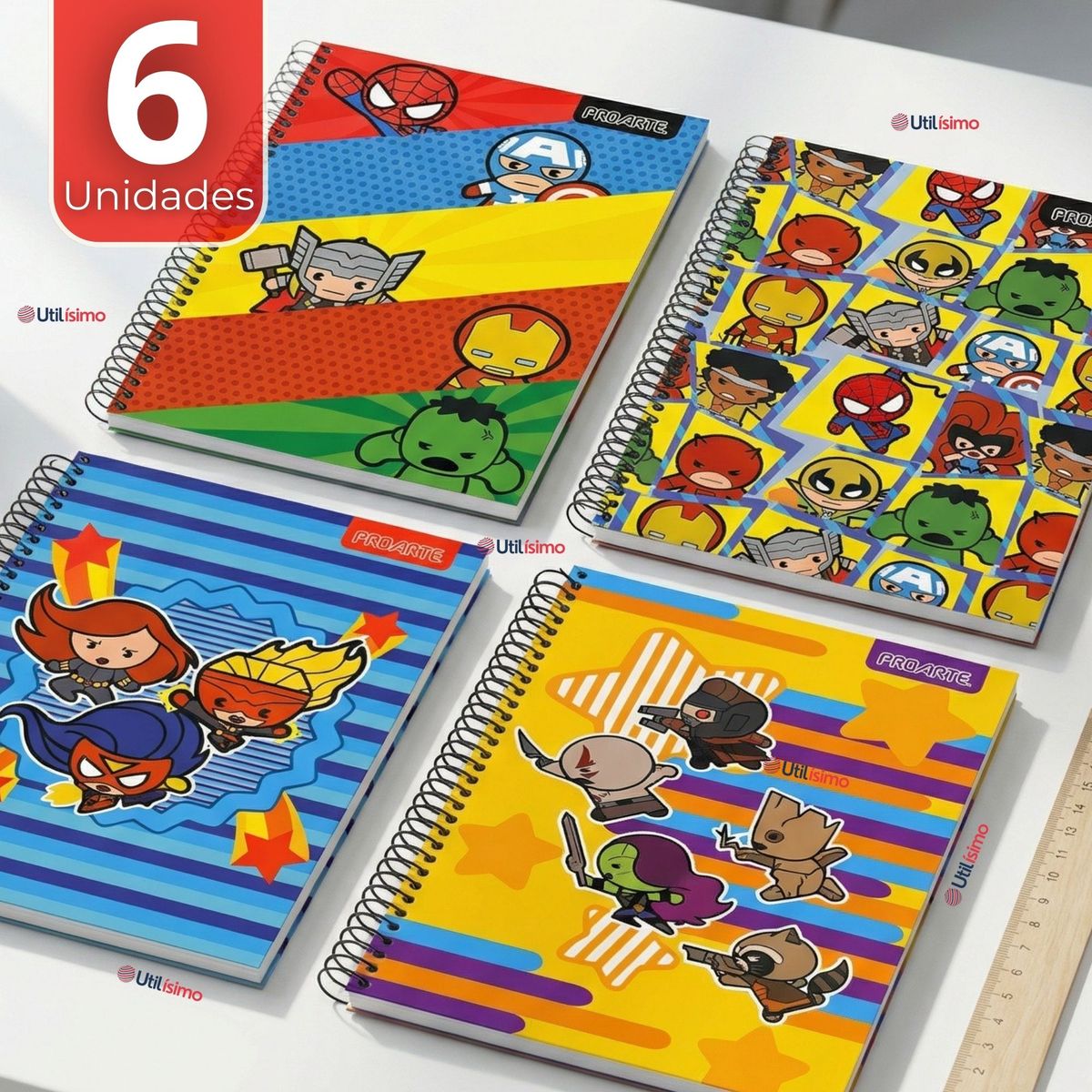 PROARTE - Pack 6 Cuadernos Universitario Marvel Heroes Kawaii 150 Hojas Tapa Gruesa Proarte Diseños Surtidos