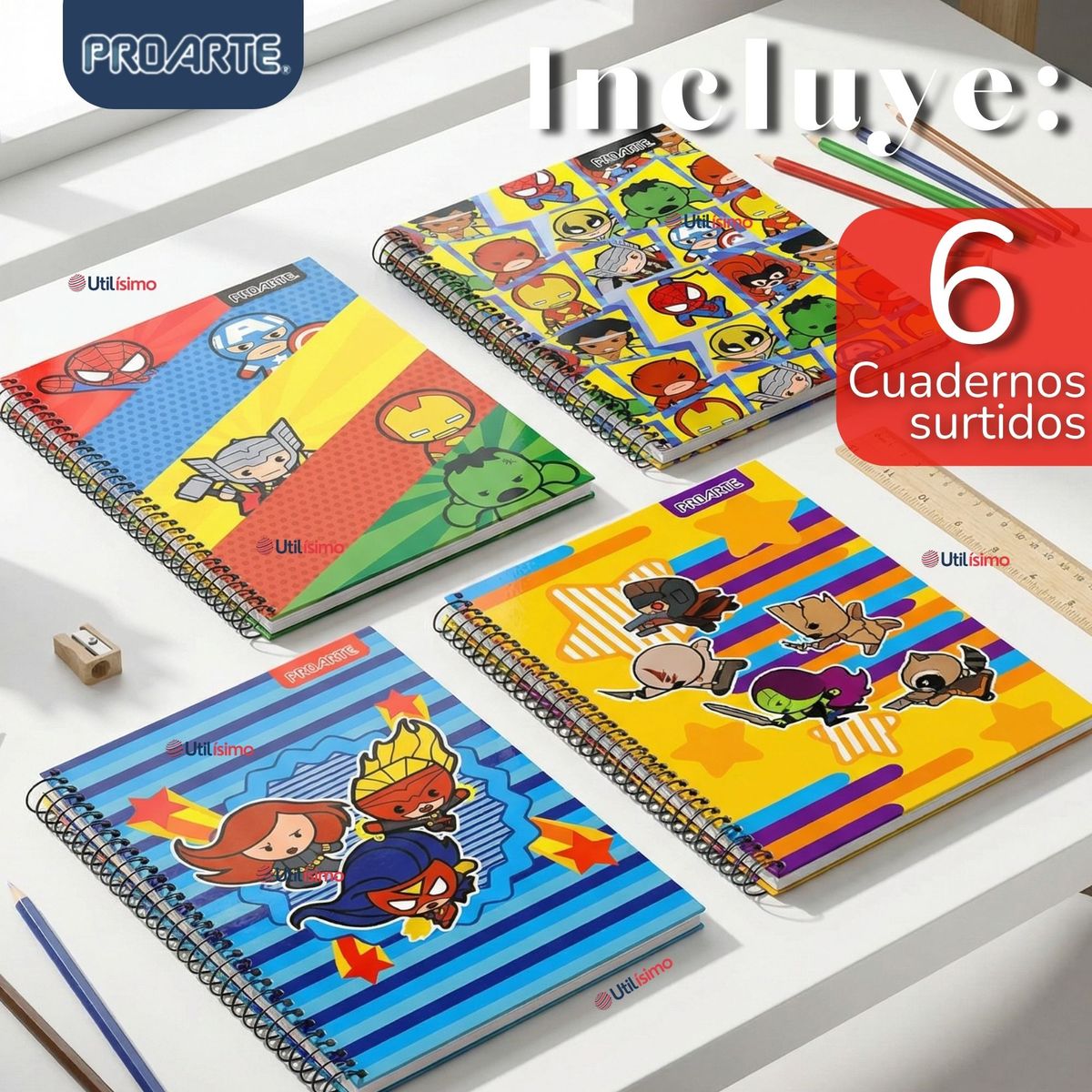 PROARTE - Pack 6 Cuadernos Universitario Marvel Heroes Kawaii 150 Hojas Tapa Gruesa Proarte Diseños Surtidos