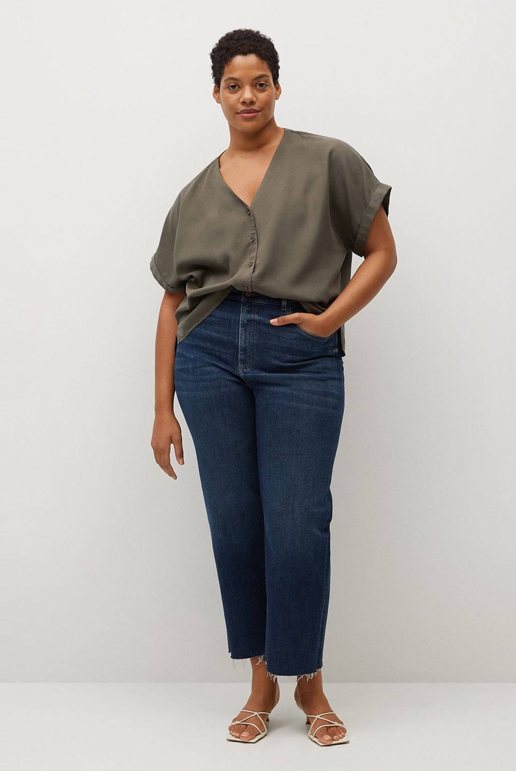 VIOLETA BY MANGO - Blusa Lyocell Cuello V Manga Con Doblete Tencil Mujer