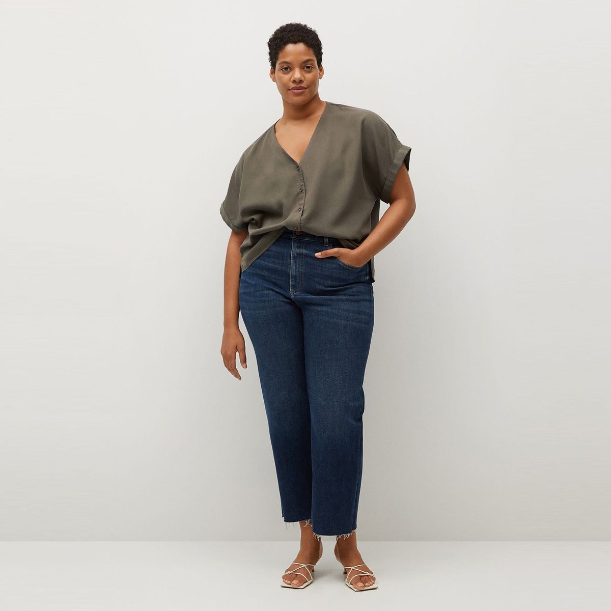 VIOLETA BY MANGO - Blusa Lyocell Cuello V Manga Con Doblete Tencil Mujer