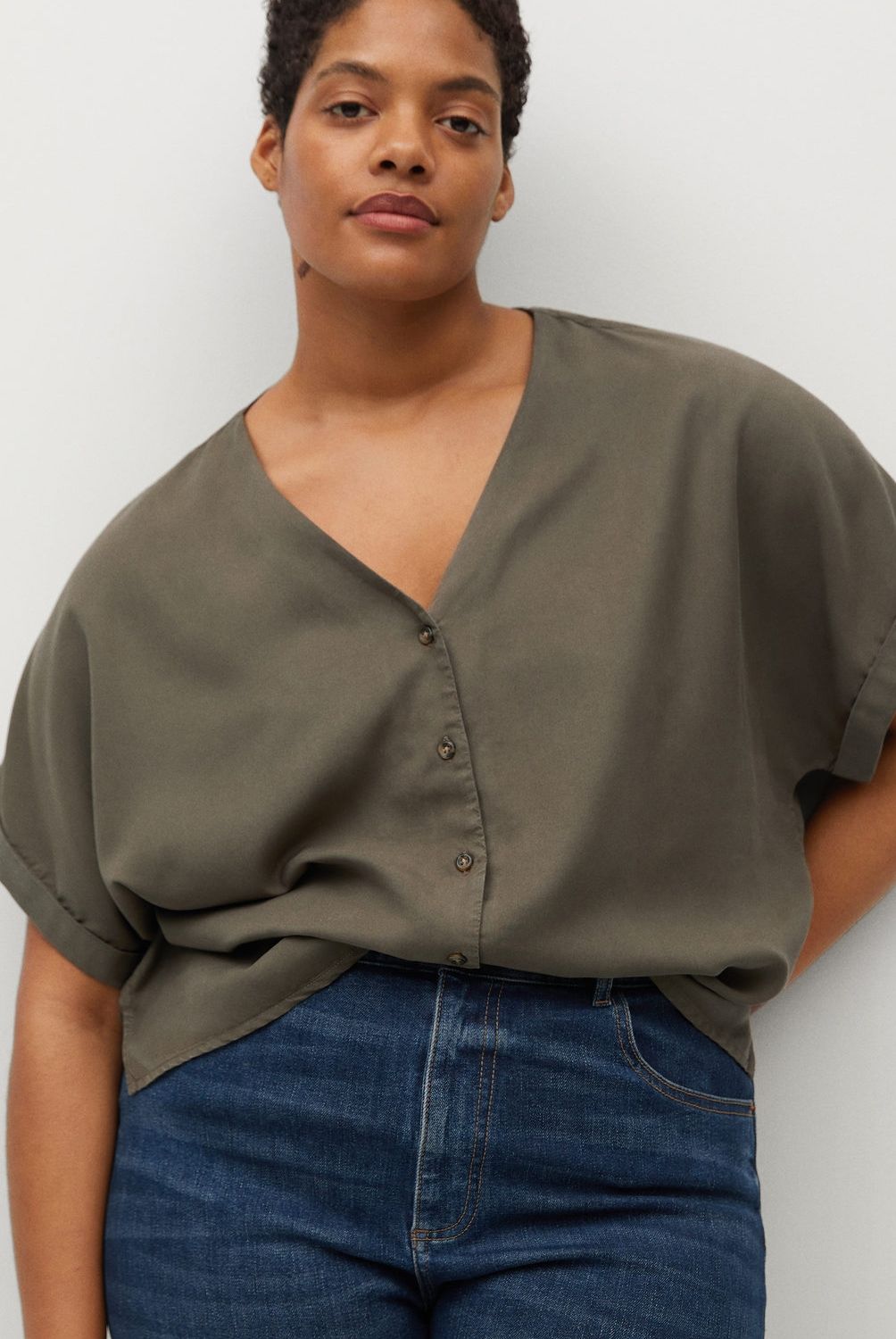 VIOLETA BY MANGO - Blusa Lyocell Cuello V Manga Con Doblete Tencil Mujer
