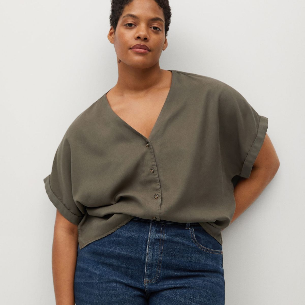 VIOLETA BY MANGO - Blusa Lyocell Cuello V Manga Con Doblete Tencil Mujer