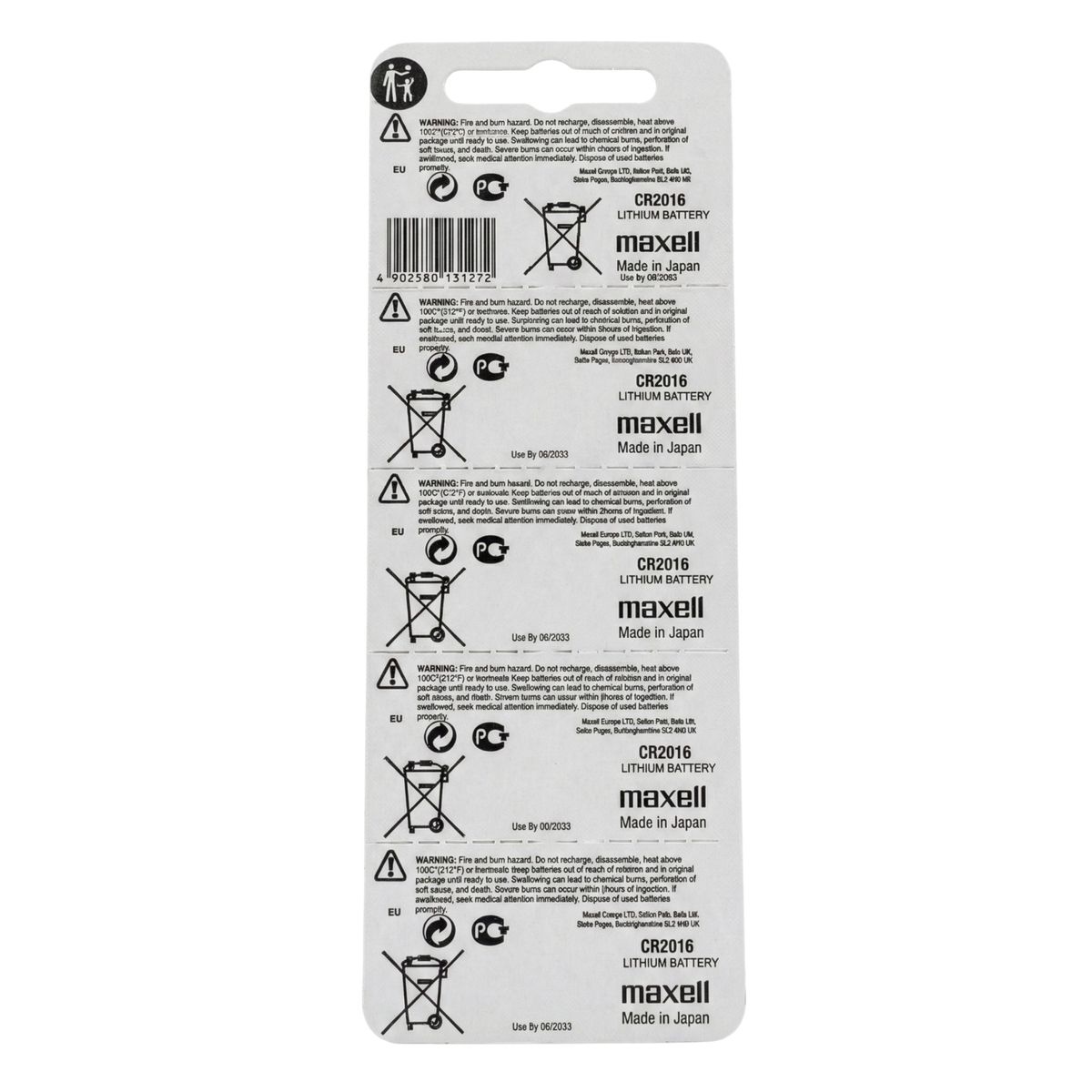 MAXELL - Pack 5 Pilas CR 2016 3v Maxell Tipo Botón Holograma