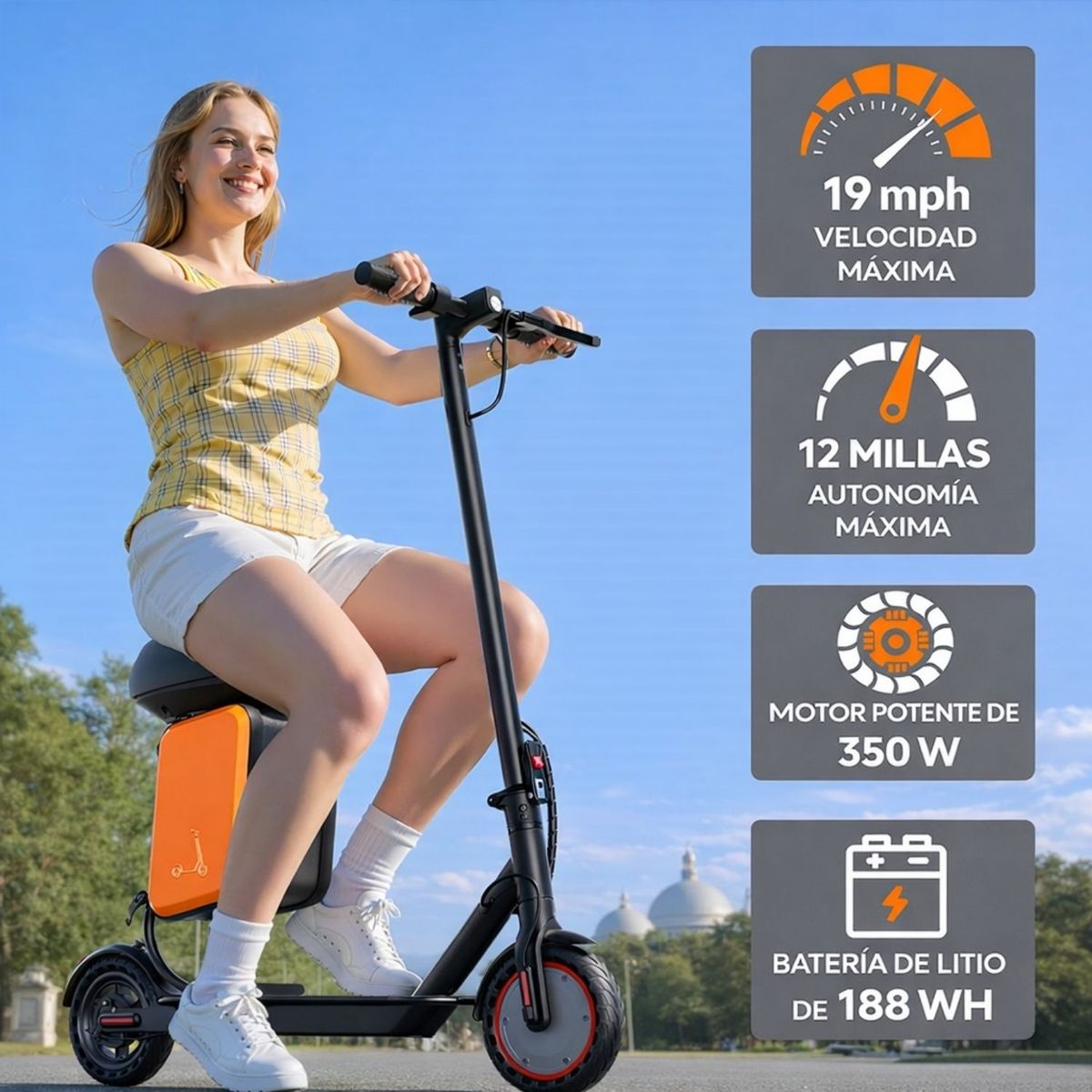 MOVI - Scooter Eléctrico con Asiento Desmontable y Bolso Plegable - Comodidad Sobre Ruedas