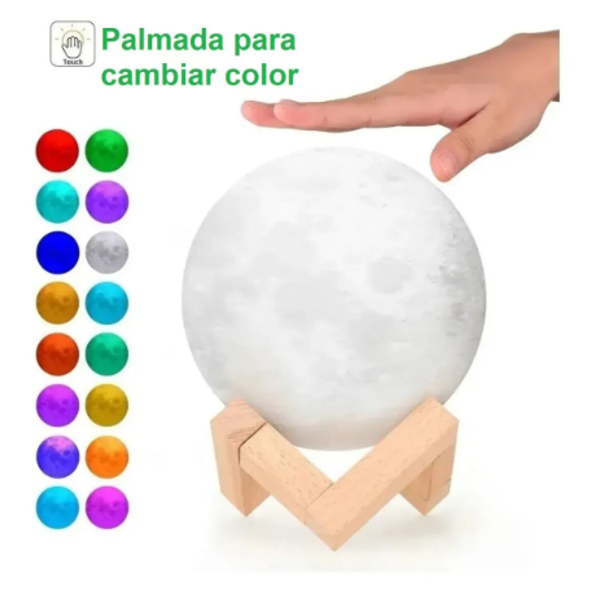 GENERICO - Lámpara Táctil Luna 3D LED 16 Colores USB Velador Madera