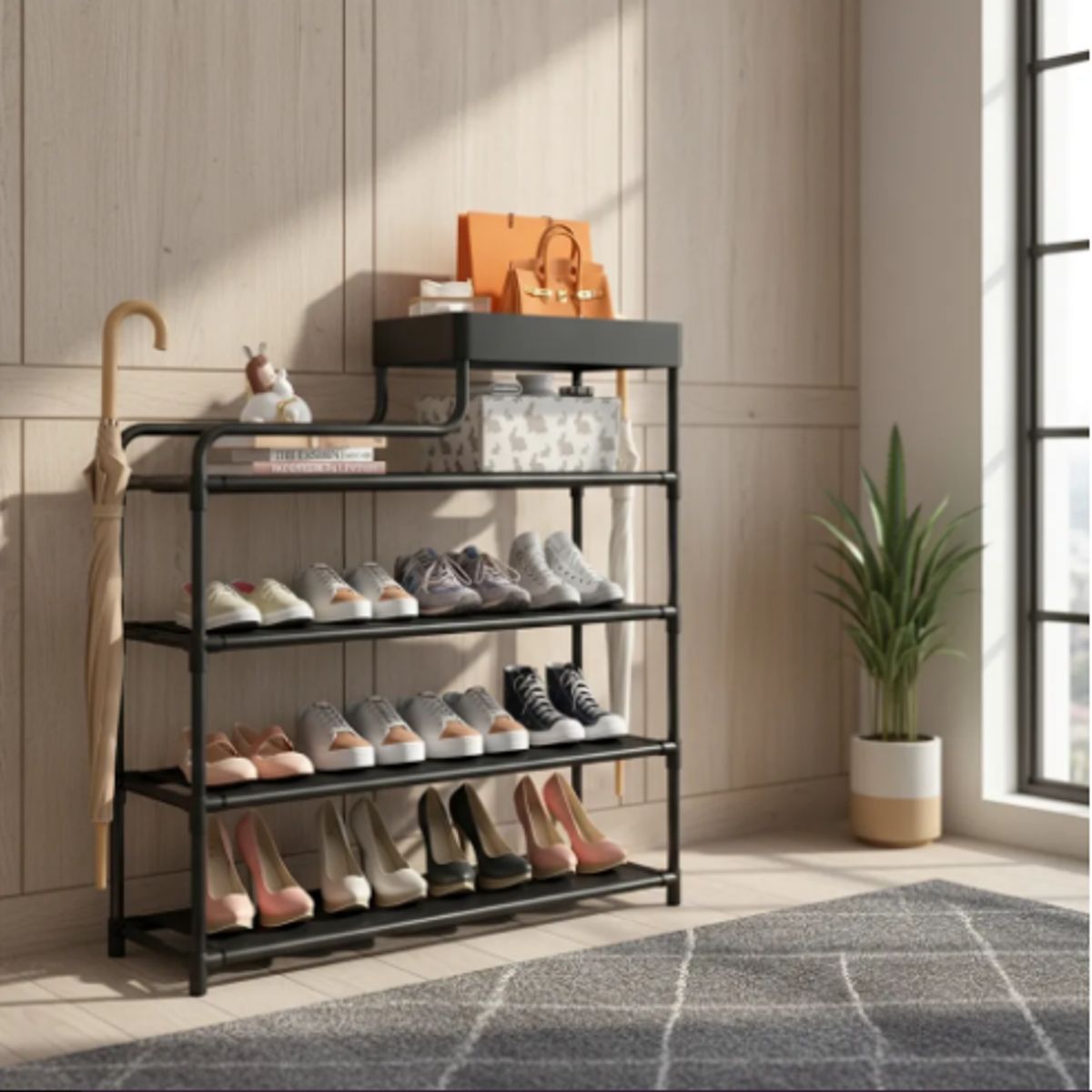 GENERICO - Rack Zapatero 5 Niveles Organizador Hall Multiusos 3 En 1 Negro