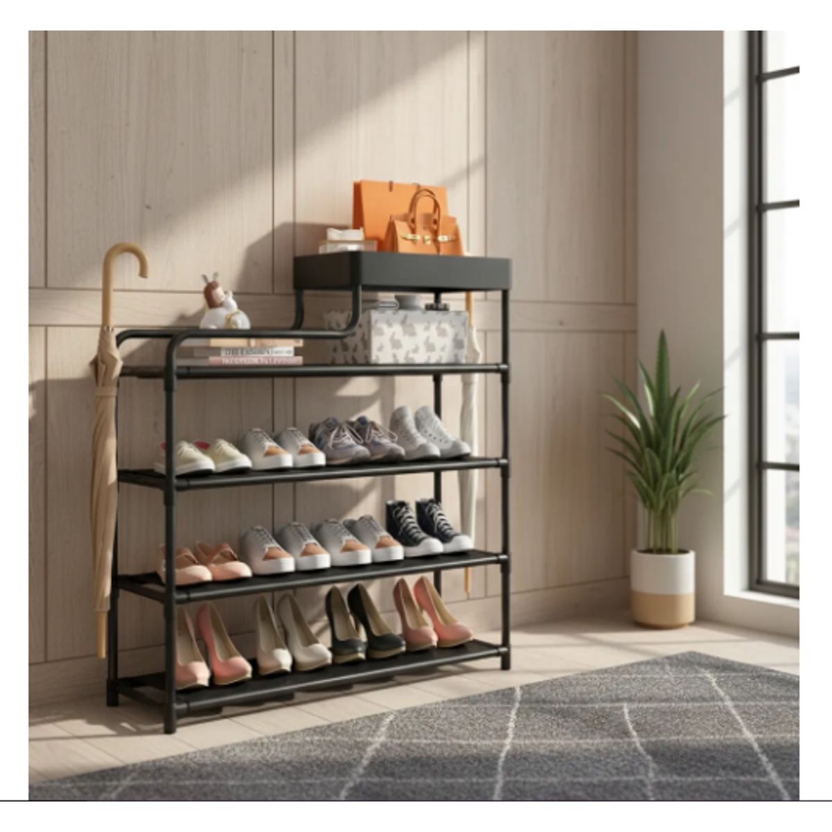 GENERICO - Rack Zapatero 5 Niveles Organizador Hall Multiusos 3 En 1 Negro