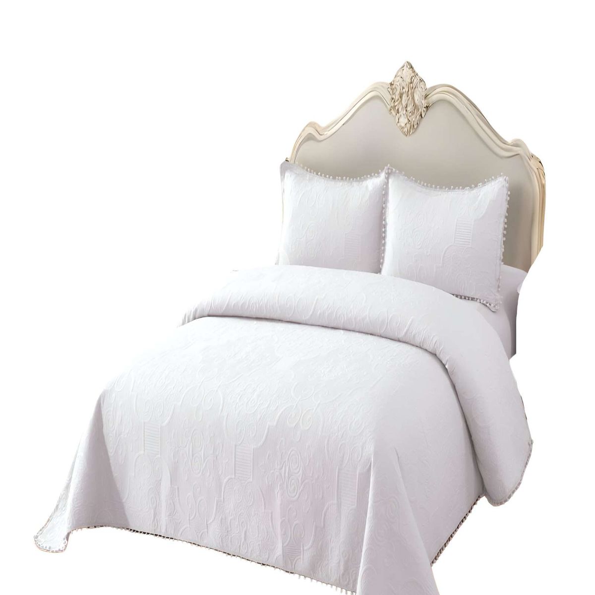 GENERICO - CUBRECAMA QUILT DE VERANO KING CON POMPON COLOR BLANCO