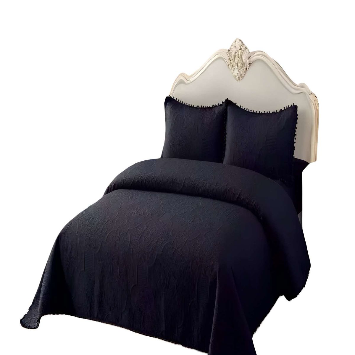 GENERICO - CUBRECAMA QUILT DE VERANO KING CON POMPON COLOR NEGRO