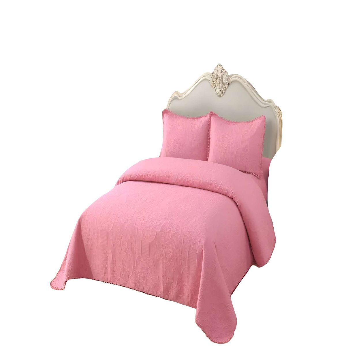 GENERICO - CUBRECAMA QUILT DE VERANO KING CON POMPON COLOR ROSADO_.