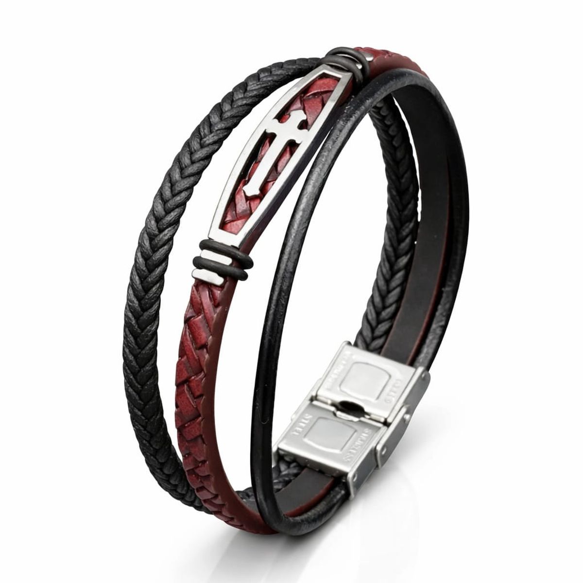 GENERICO - ️ Pulsera Cruz Fortaleza Red  Cuero & Acero Inoxidable