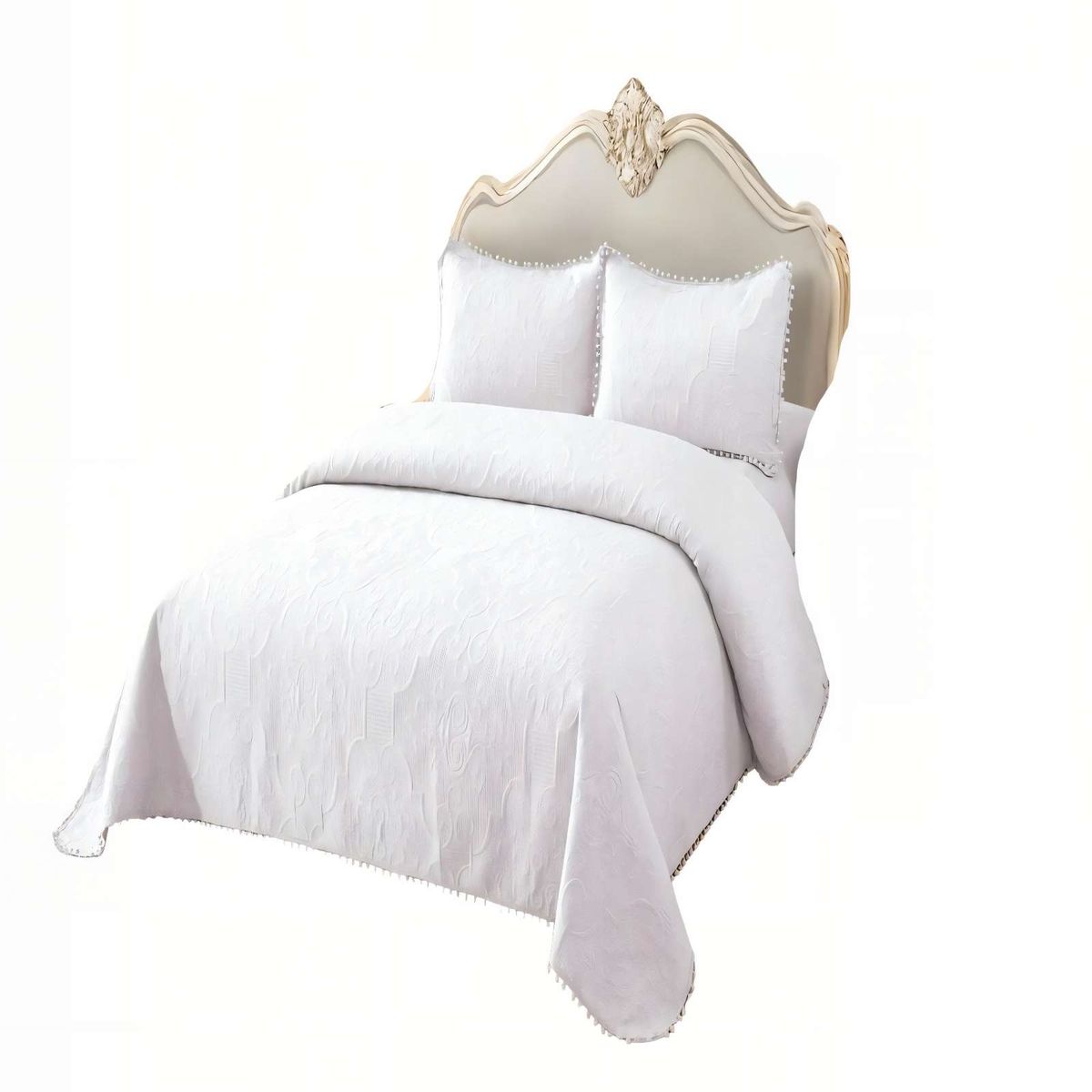 GENERICO - QUILT CUBRECAMA DE VERANO 1,5 PLAZAS CON POMPON COLOR BLANCO