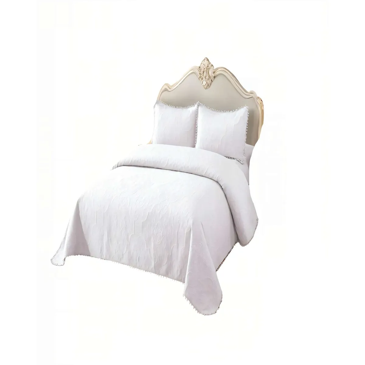GENERICO - QUILT CUBRECAMA DE VERANO 1,5 PLAZAS CON POMPON COLOR BLANCO