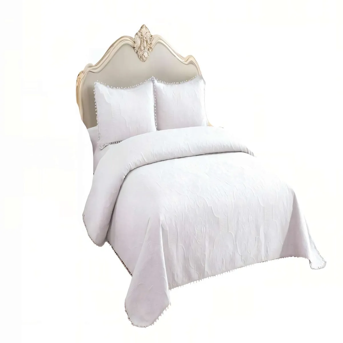 GENERICO - QUILT CUBRECAMA DE VERANO 1,5 PLAZAS CON POMPON COLOR BLANCO