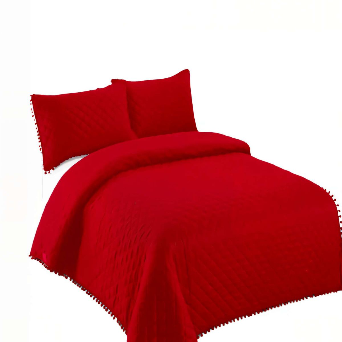 GENERICO - QUILT CUBRECAMA DE VERANO 1,5 PLAZAS CON POMPON COLOR ROJO