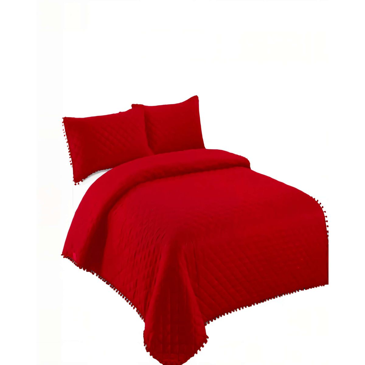 GENERICO - QUILT CUBRECAMA DE VERANO 1,5 PLAZAS CON POMPON COLOR ROJO