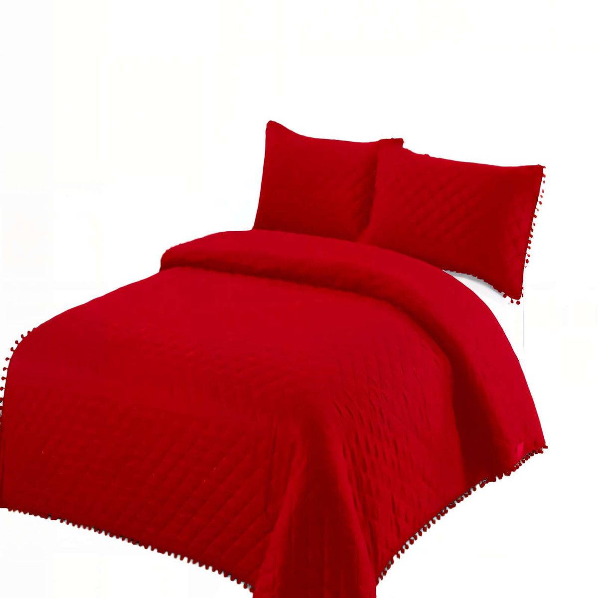 GENERICO - QUILT CUBRECAMA DE VERANO 1,5 PLAZAS CON POMPON COLOR ROJO