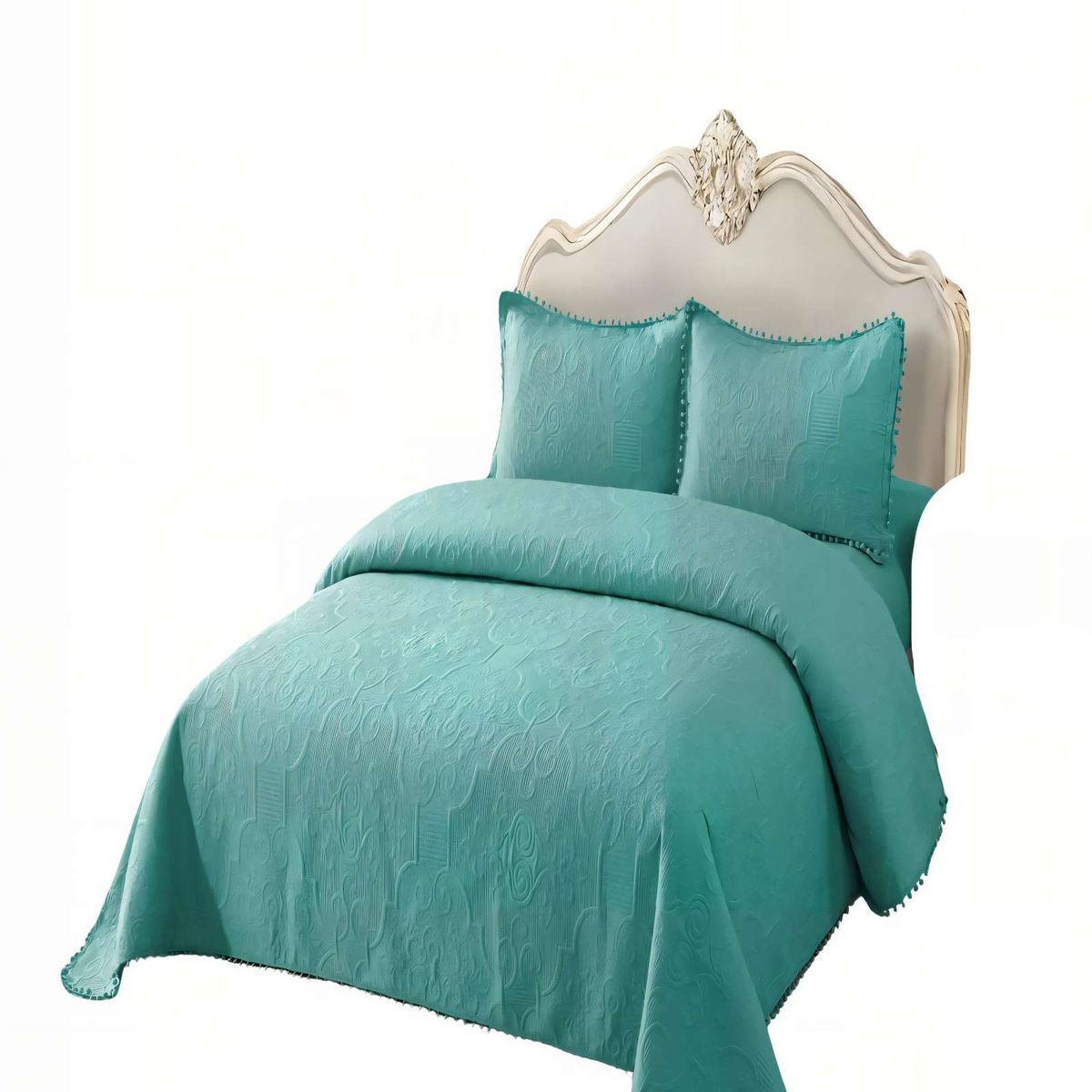 GENERICO - QUILT CUBRECAMA DE VERANO 2 PLAZAS CON POMPON COLOR TURQUESA