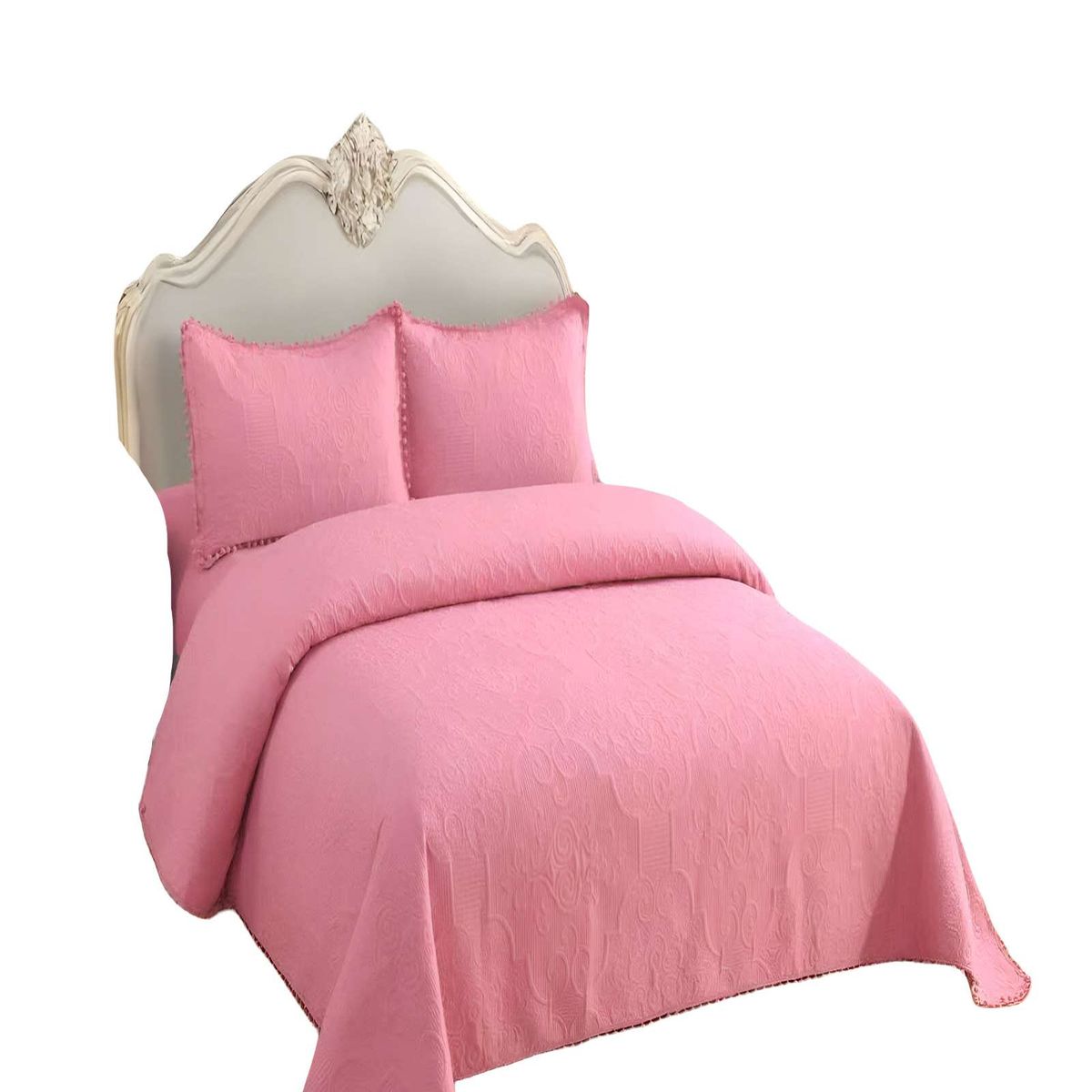 GENERICO - QUILT CUBRECAMA DE VERANO KING CON POMPON COLOR ROSADO