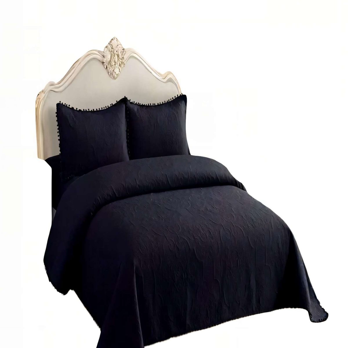 GENERICO - CUBRECAMA DE VERANO QUILT  1,5 PLAZAS CON POMPON COLOR NEGRO