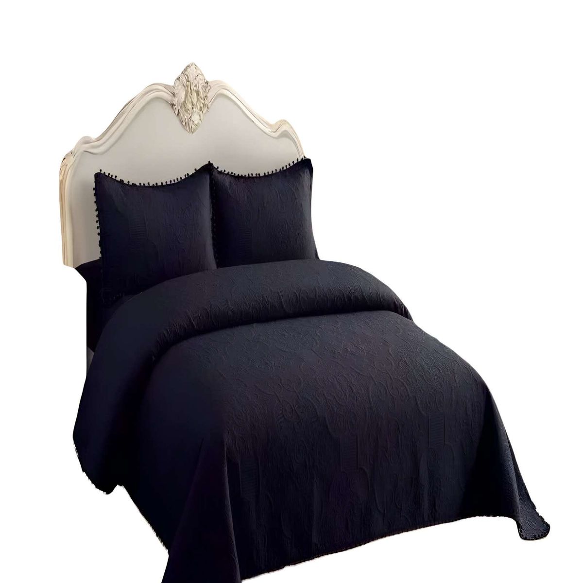 GENERICO - CUBRECAMA DE VERANO QUILT  KING CON POMPON COLOR NEGRO