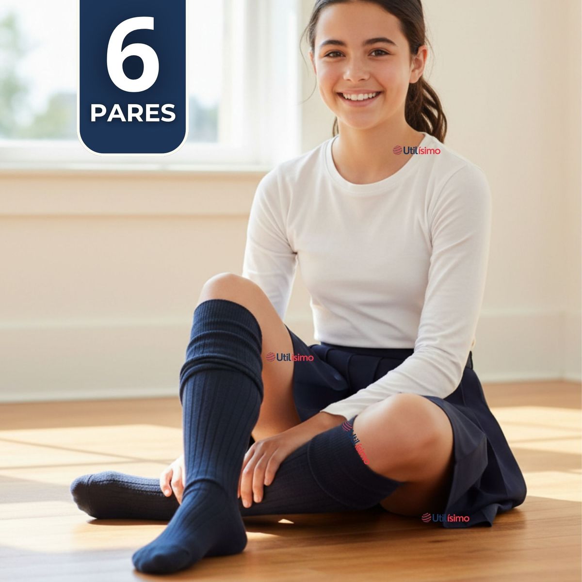 UTILISIMO - Pack 6 Bucaneras Escolares Calcetines Acrílico Azul Premium Niña y Juvenil