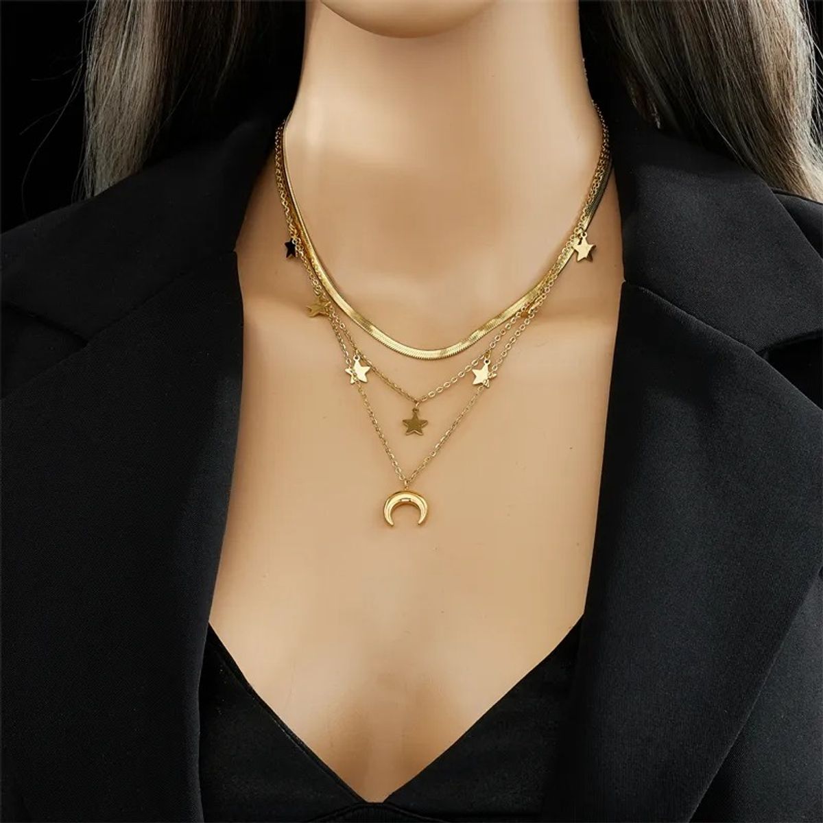 GENERICO - Collar Triple Luna Estrellas Para Damas Parejas Moda