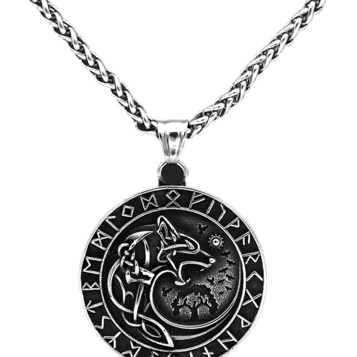 GENERICO - Collar Vikingo Runas Vegvisir Moon Lobo Hombre Moda 2024