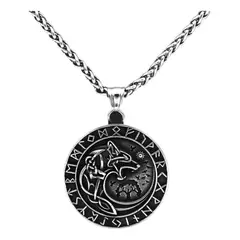 GENERICO - Collar Vikingo Runas Vegvisir Moon Lobo Hombre Moda 2024