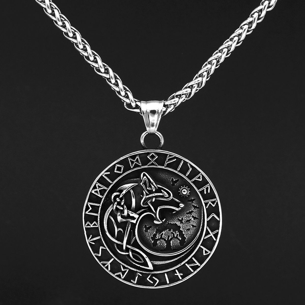 GENERICO - Collar Vikingo Runas Vegvisir Moon Lobo Hombre Moda 2024