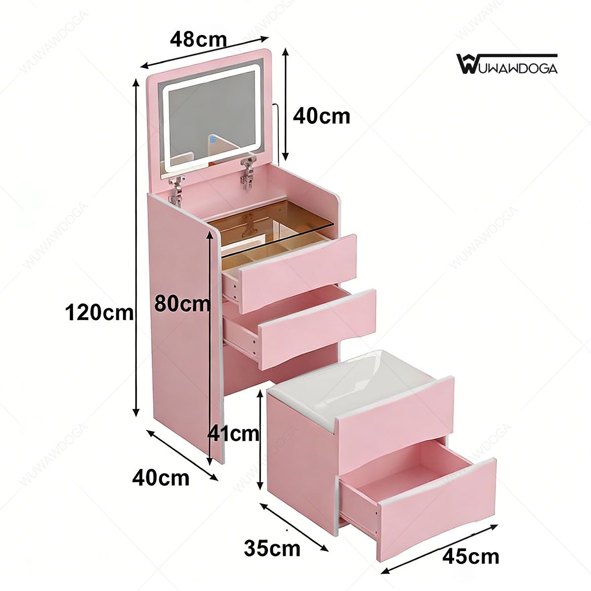 WUWAWDOGA - Tocador Moderno Iluminado Con Luz Espejo Y Cajon Con Taburete Rosa 48x40x120cm