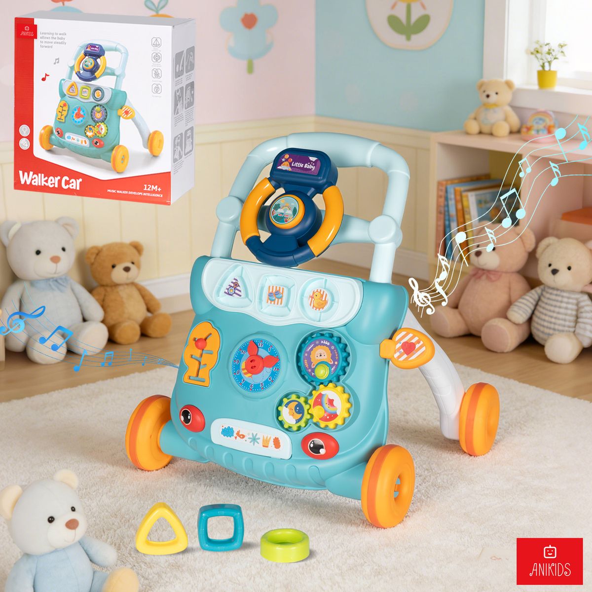 ANIKIDS - Andador Para Bebé Musical Caminador Didáctico Juguete 6 En 1 Azul