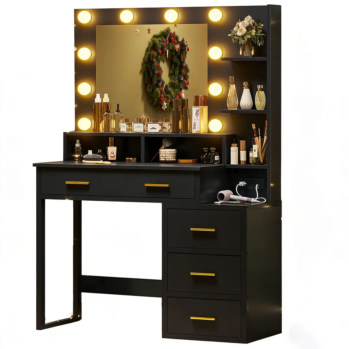 WUWAWDOGA - Tocador Multifunción Iluminado Con Luz Espejo Y enchufe Dormitorio Negro 143x92x40cm