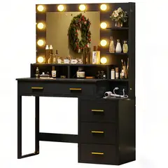 WUWAWDOGA - Tocador Multifunción Iluminado Con Luz Espejo Y enchufe Dormitorio Negro 143x92x40cm