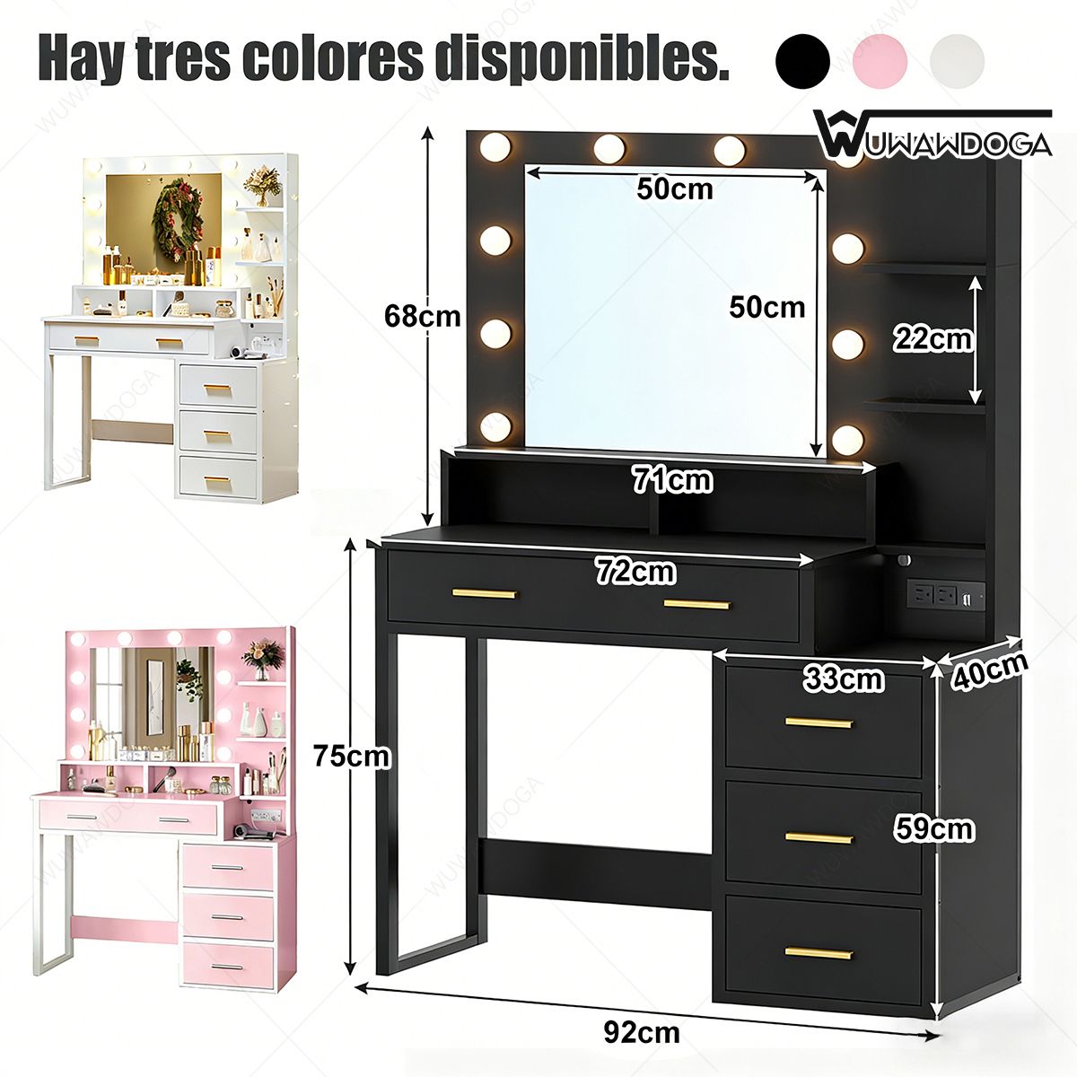 WUWAWDOGA - Tocador Multifunción Iluminado Con Luz Espejo Y enchufe Dormitorio Negro 143x92x40cm