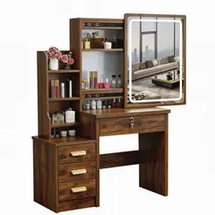 WUWAWDOGA - Tocador Minimalista Multifunción Con Espejo Y Cajon Con Taburete Marrón 132x82cm