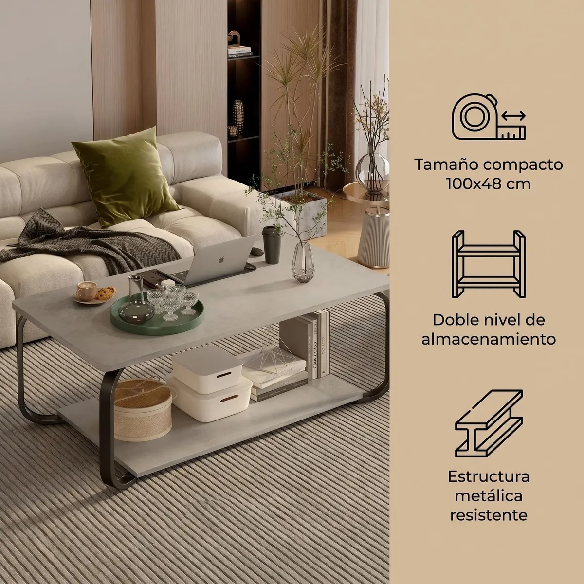 HOMER DESIGN - Mesa De Centro Moderna Minimalista 2 Niveles 100x48x43