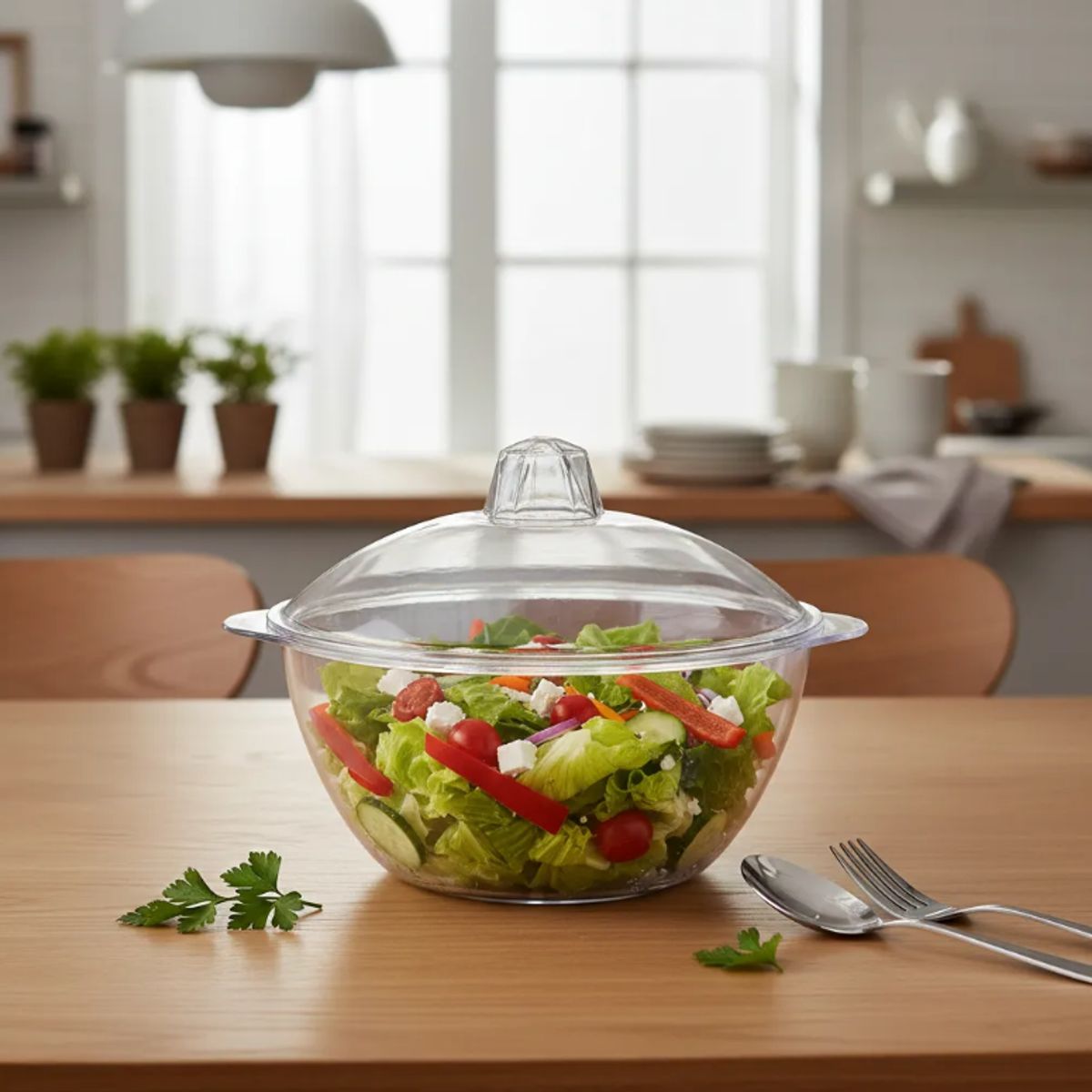 GENERICO - Bowl Ensaladera Plástico Transparente Con Tapa 22cm
