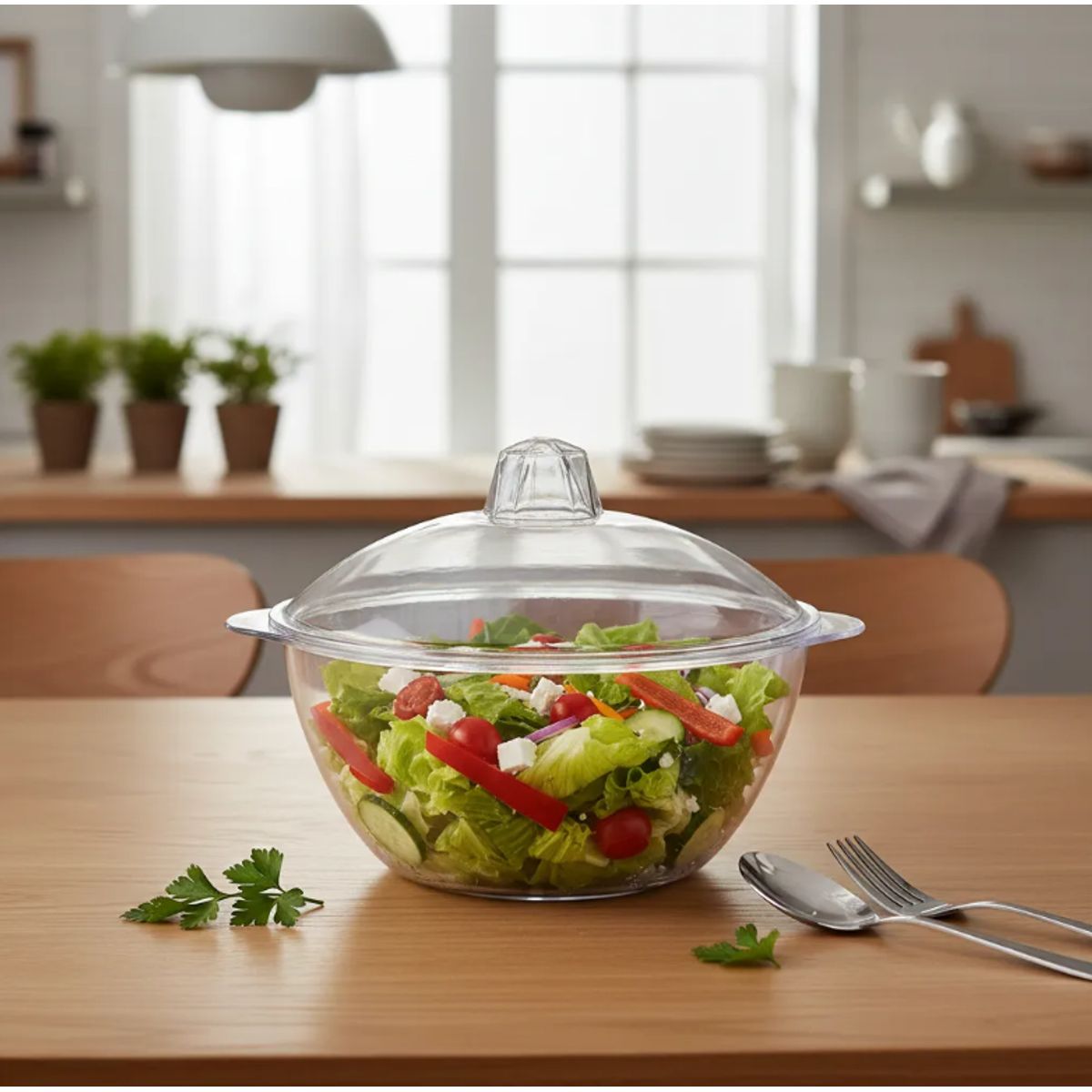 GENERICO - Bowl Ensaladera Plástico Transparente Con Tapa 22cm