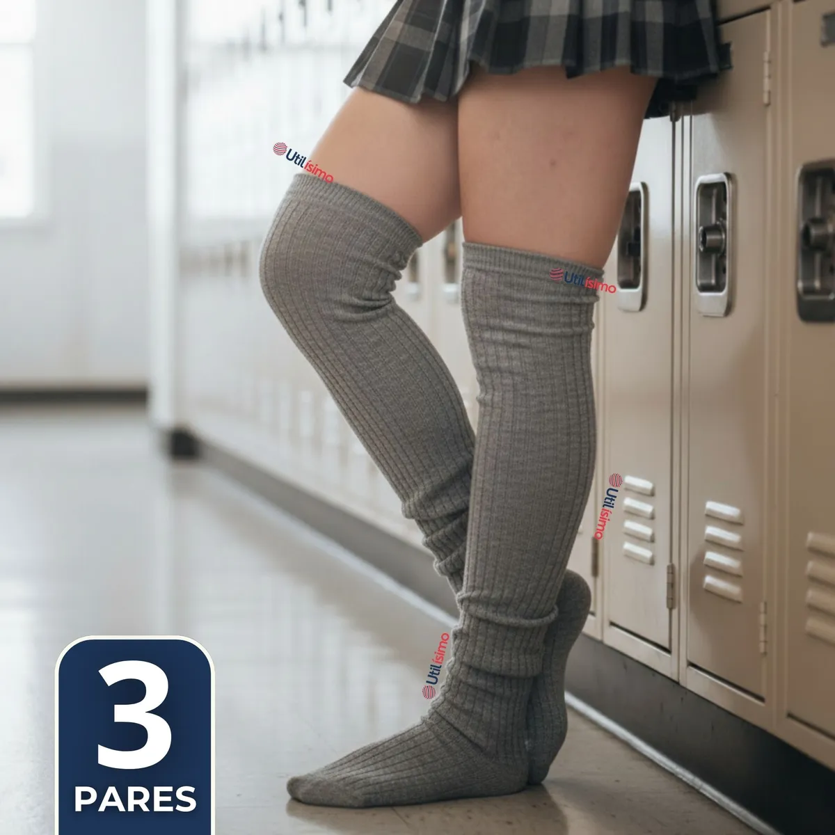 UTILISIMO - Pack 3 Bucaneras Escolares Calcetines Acrílico Gris Premium Niña y Juvenil