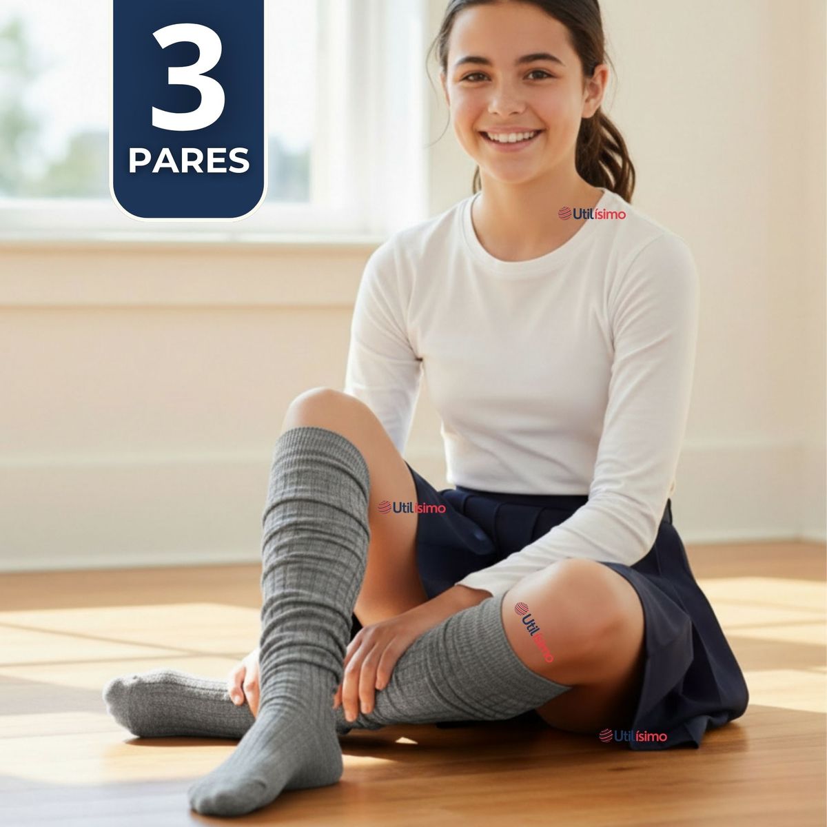 UTILISIMO - Pack 3 Bucaneras Escolares Calcetines Acrílico Gris Premium Niña y Juvenil