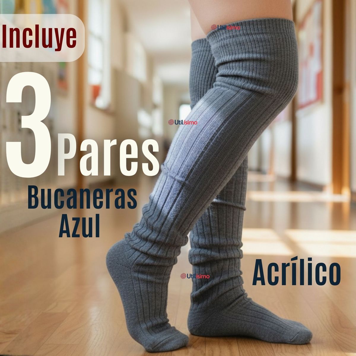 UTILISIMO - Pack 3 Bucaneras Escolares Calcetines Acrílico Gris Premium Niña y Juvenil