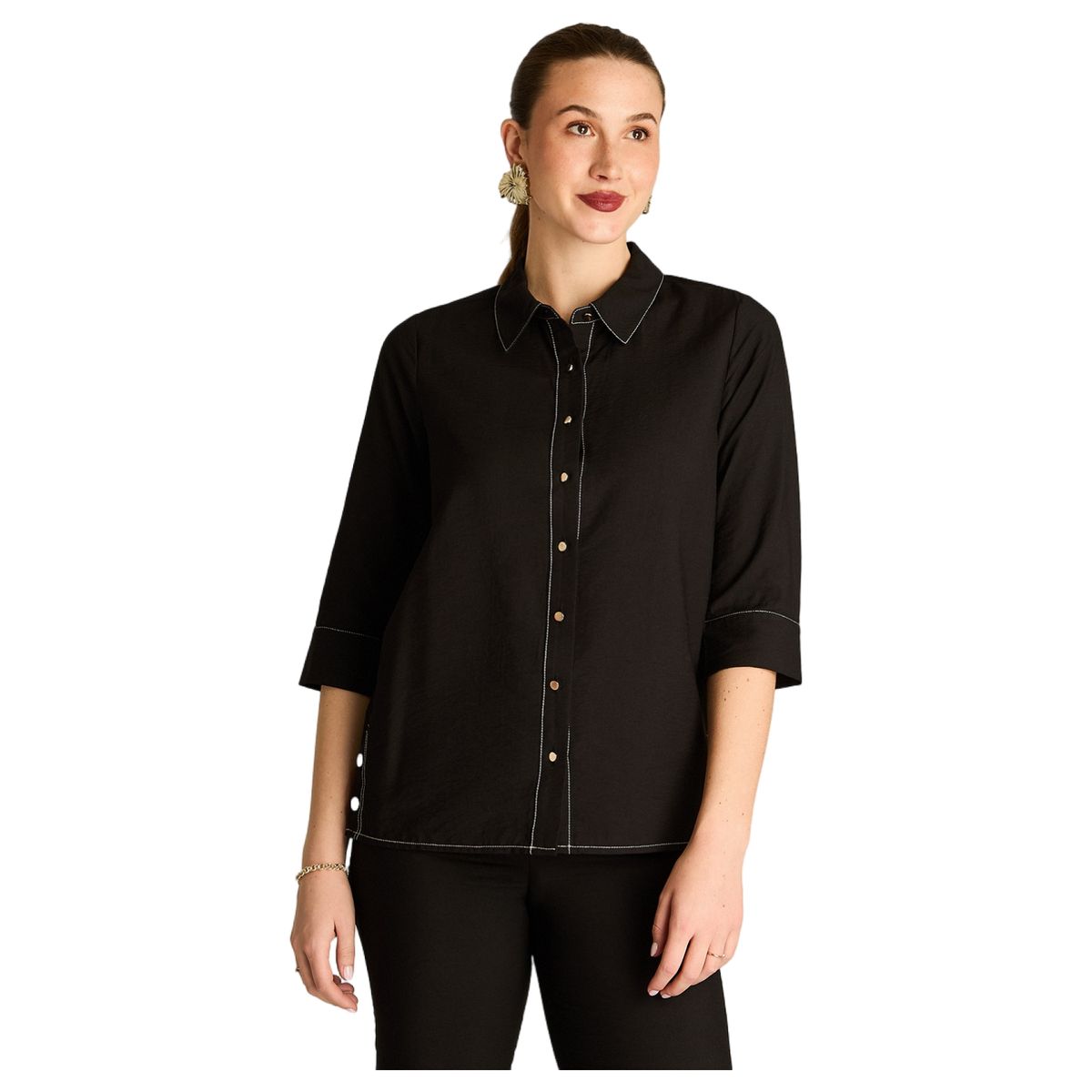 LORENZO DI PONTTI - Blusa Negra Manga 3/4 con Aplicación de Botones