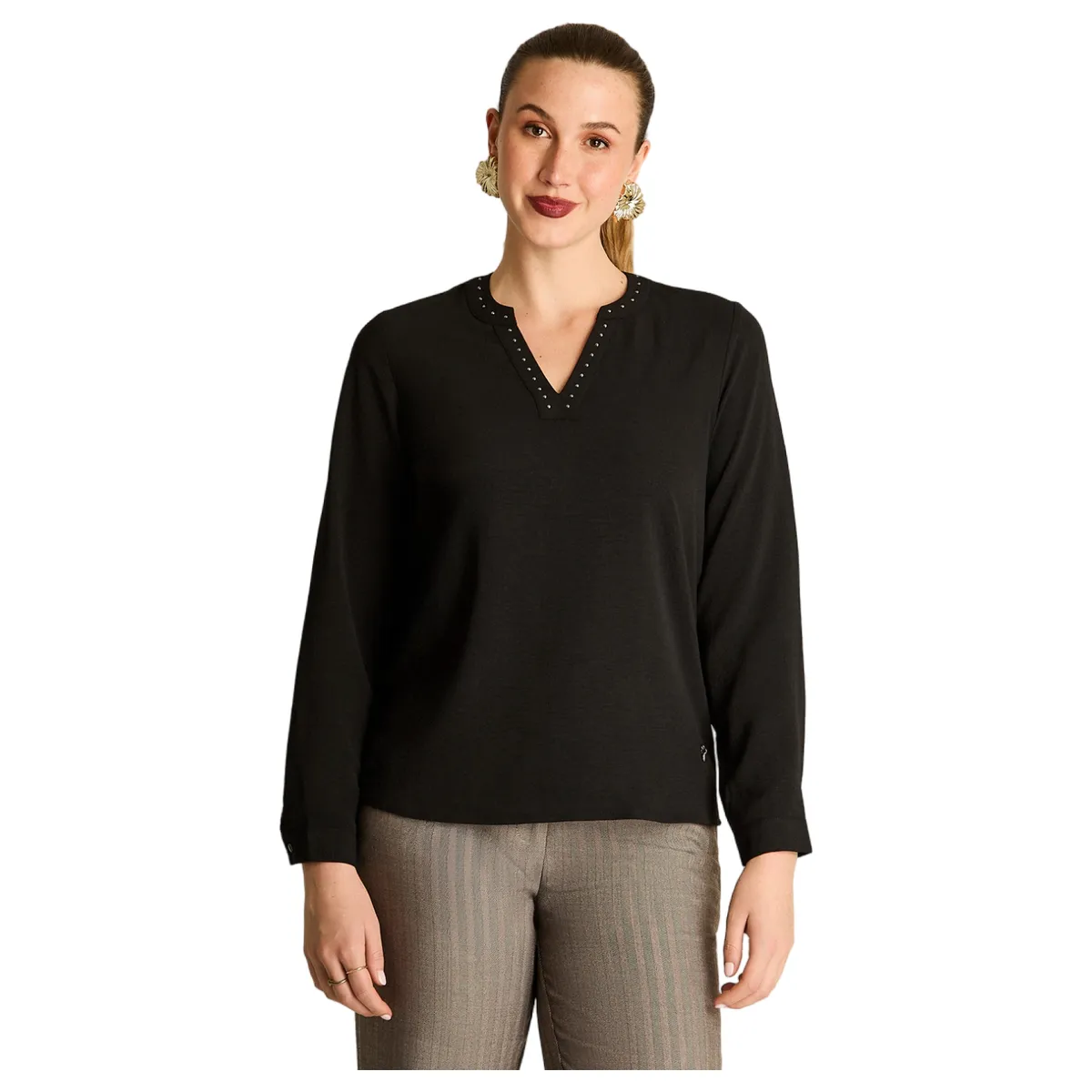 LORENZO DI PONTTI - Blusa Escote Mao con Aplicación de Strass