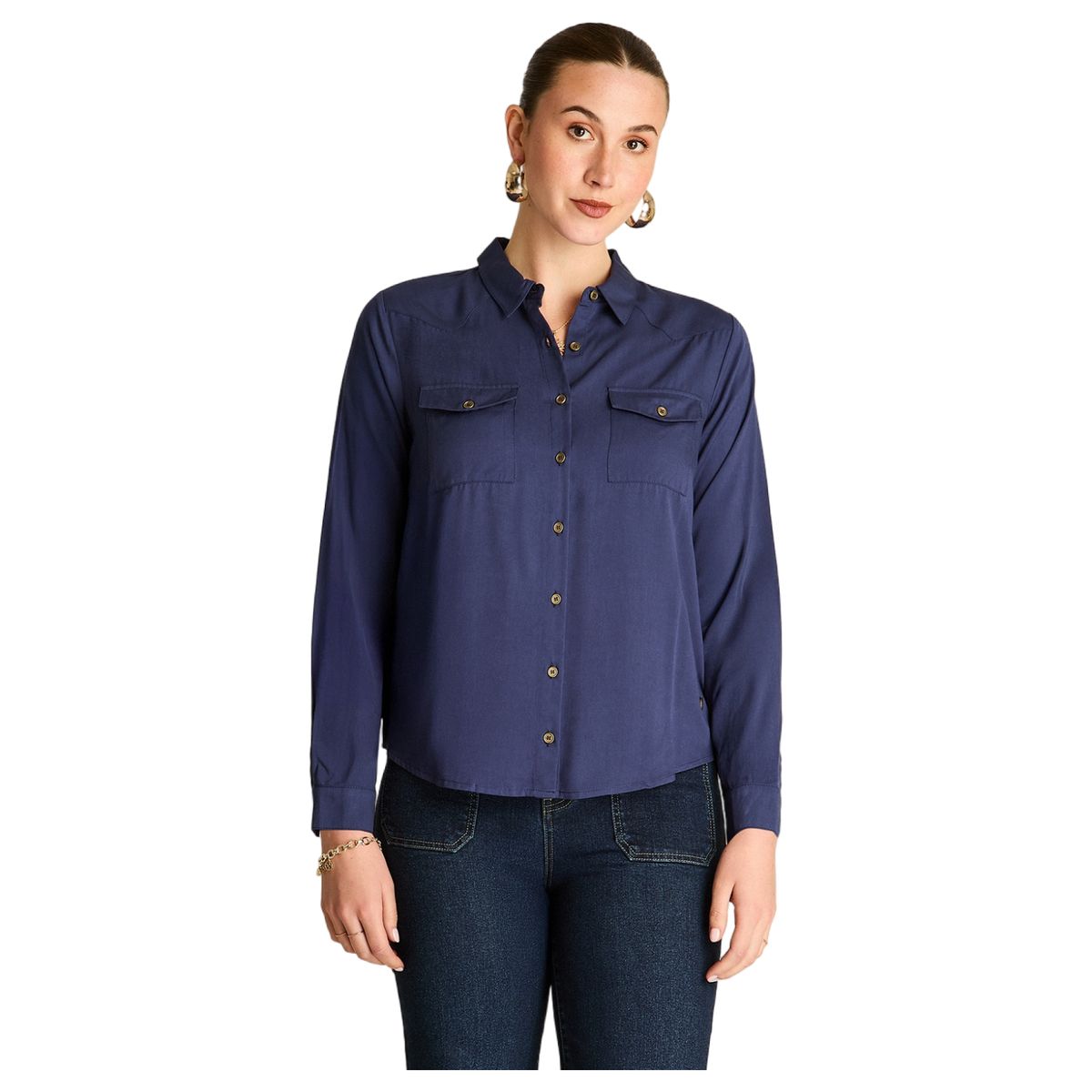 LORENZO DI PONTTI - Blusa Camisera Azul Mix Fabric con Espalda Estampada